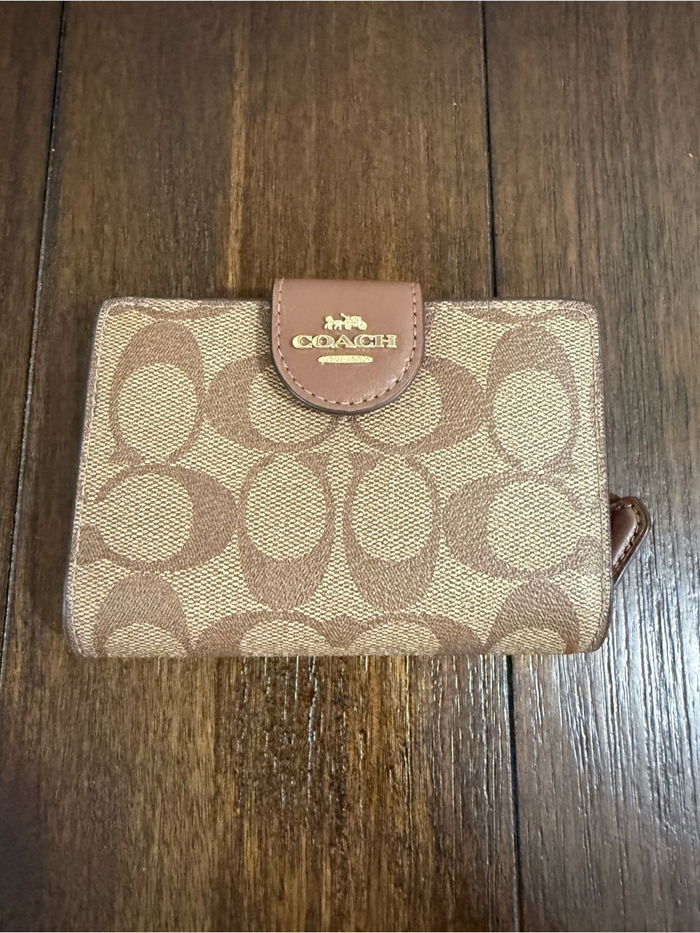 Coach Beige and Brown Signature Canvas Wallet with Gold Logo